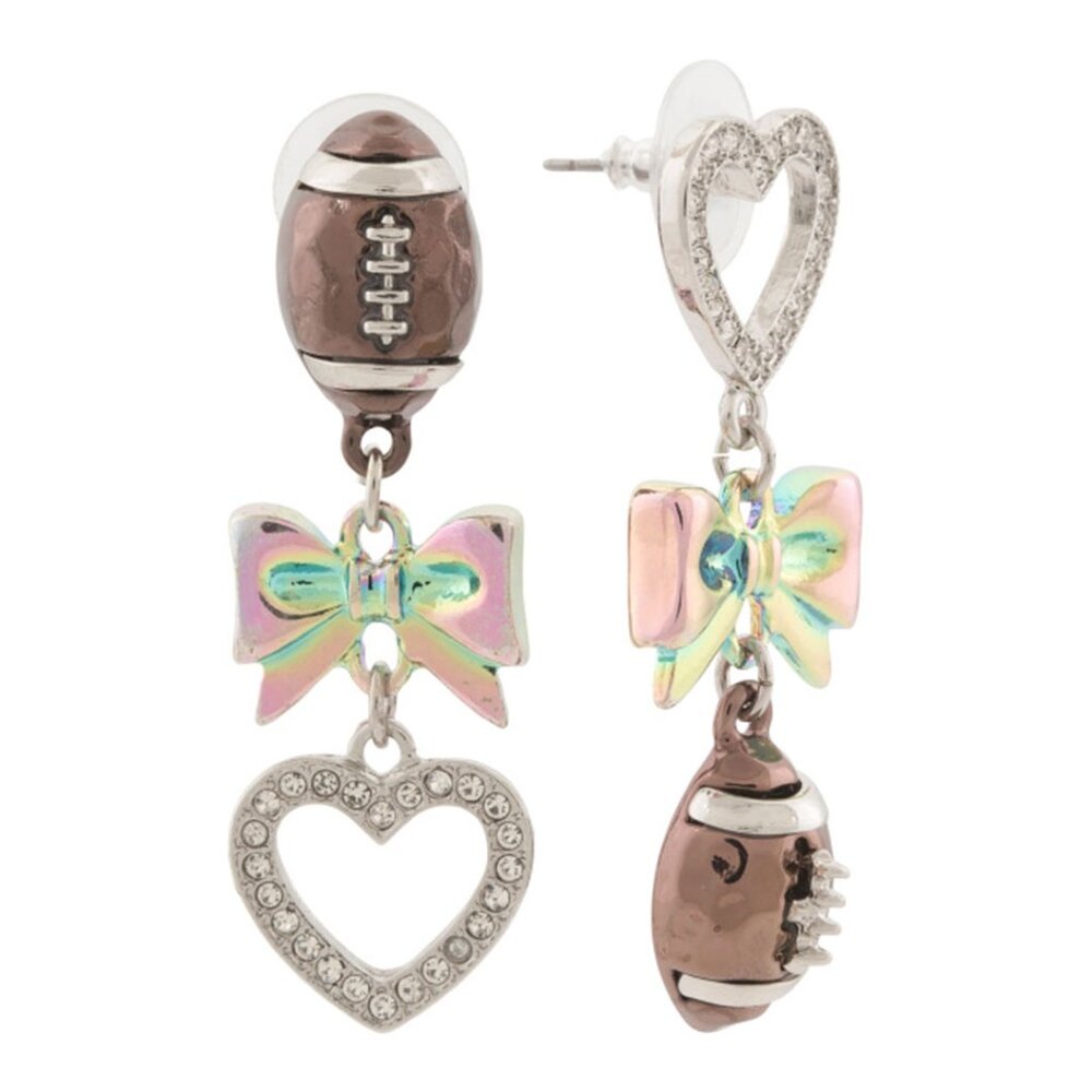 NWT$45 BETSEY JOHNSON Football Heart Iridescent Bow Silver Tone Drop Earrings - Picture 2 of 3